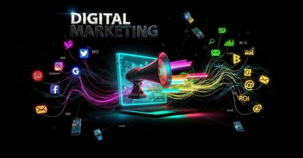 Best Freelance Digital Marketer in Kannur, Kerala– SEO, social media, and online marketing concept with megaphone and icons on black background.