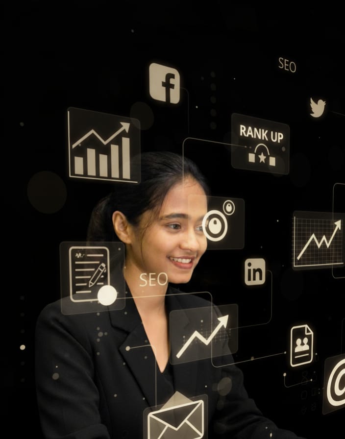 Best Freelance Digital Marketer in Kerala working on SEO and social media with glowing icons on a dark background.